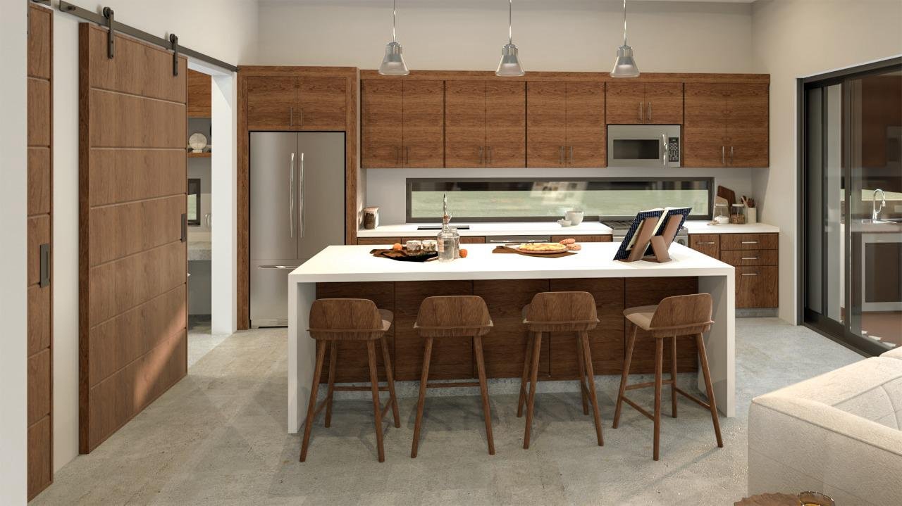 Visualización 3D de una cocina con acabados de madera y cubierta clara